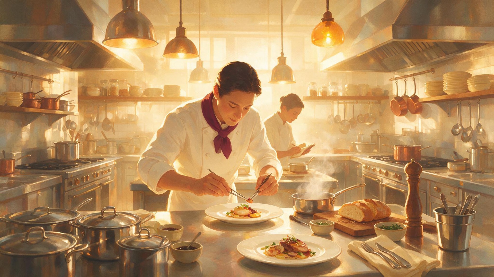 A chef plating a dish in a hotel kitchen.