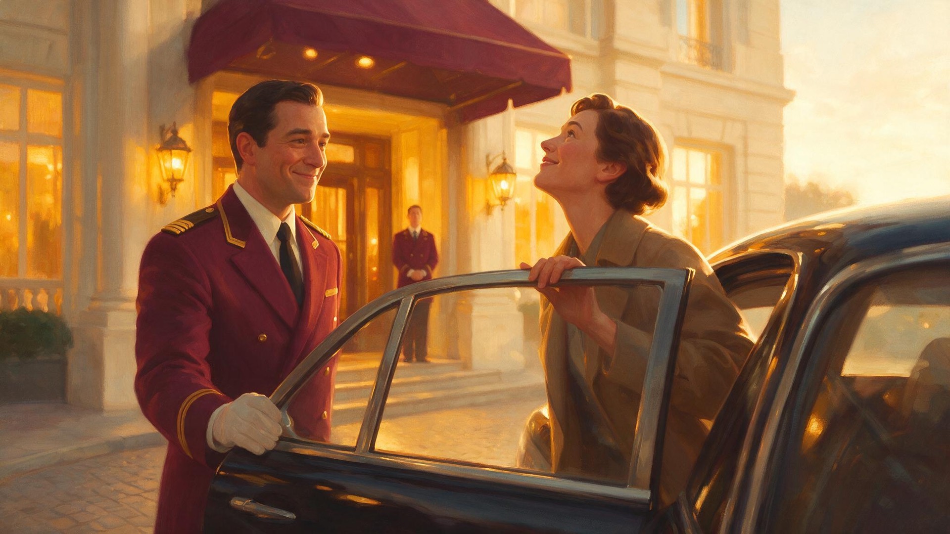 A doorman welcoming a guest at the hotel entrance.