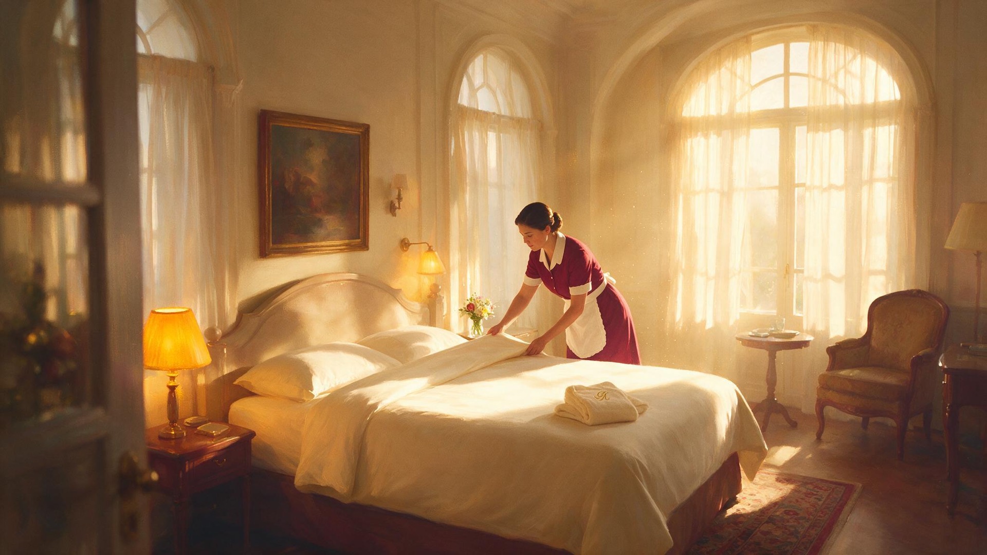 A housekeeper turning down a bed in a guest room.