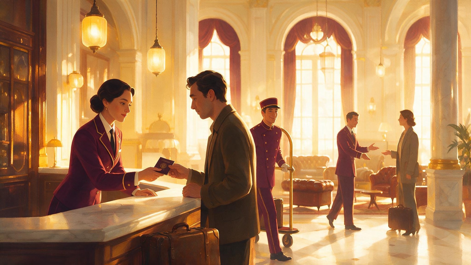 A guest checking in at a sunlit hotel front desk.